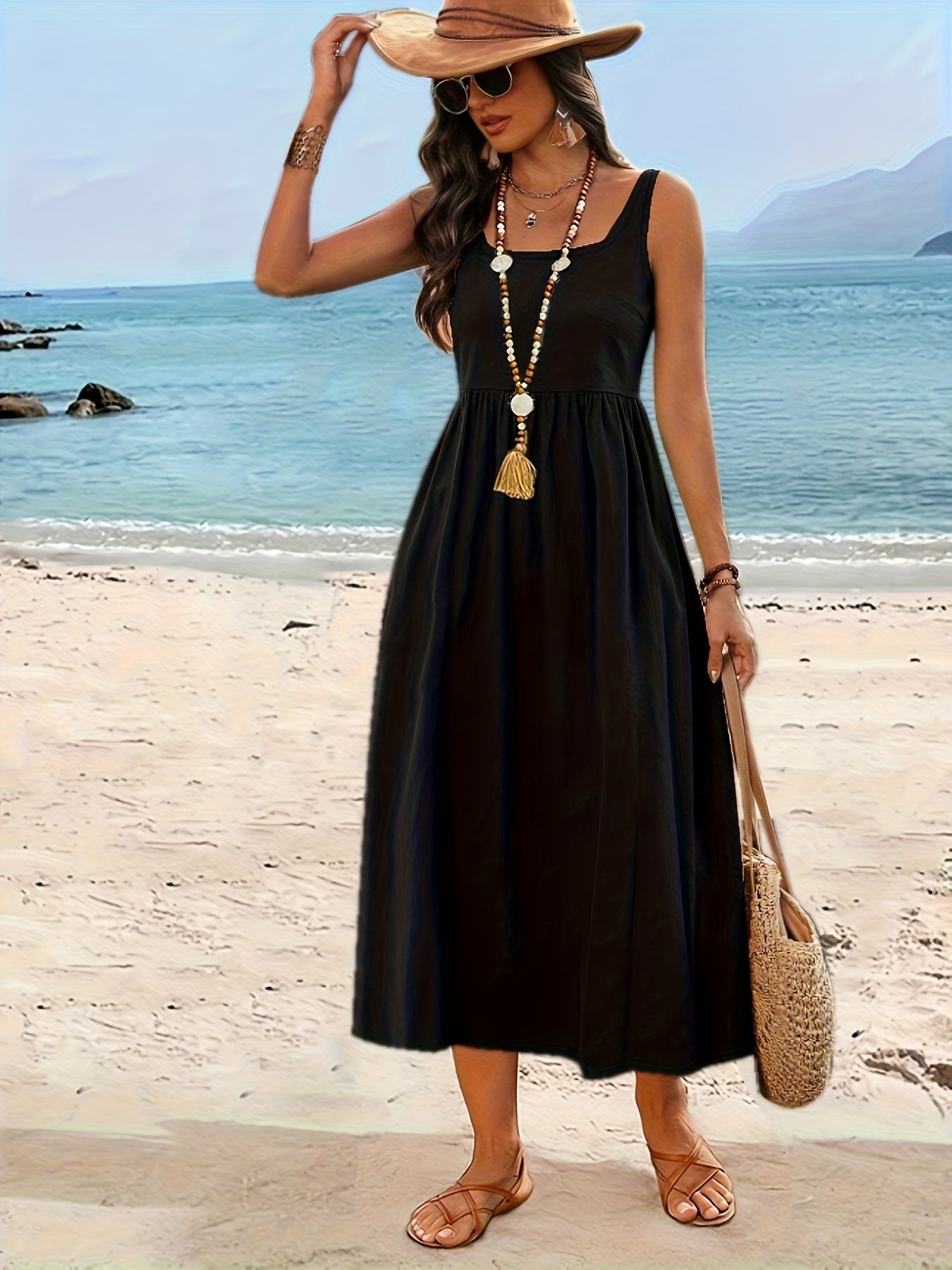 Damen Sommer-Midikleid Urlaub Stil ärmellos Fit & Flare