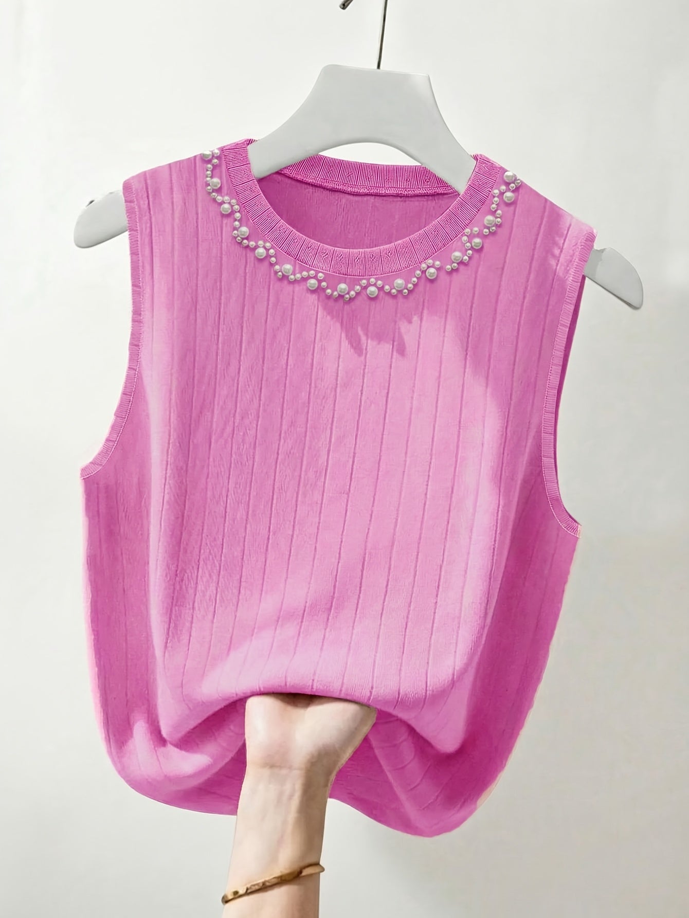 Damen Elegantes Stricktop mit Perlenbesatz, Ärmellos, Perfekt für Alltag und Büro