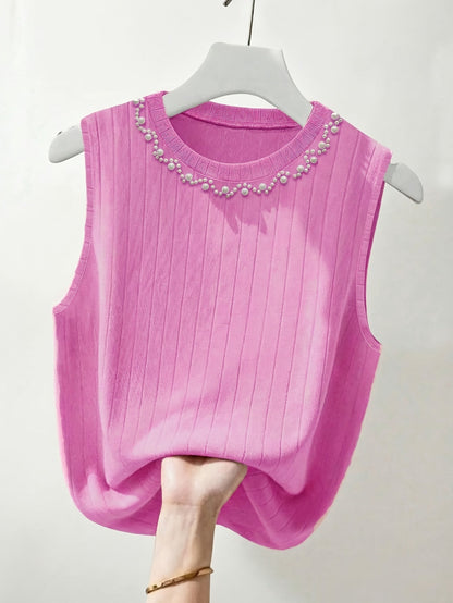Damen Elegantes Stricktop mit Perlenbesatz, Ärmellos, Perfekt für Alltag und Büro