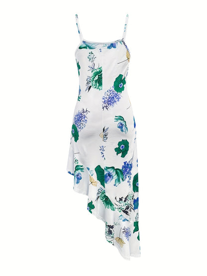 Damen Asymmetrisches Midi-Kleid mit Blumenmuster und Rüschen – Eleganter Look für Feste & Feiern