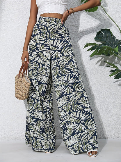 Damen Weite Palazzo-Hose mit tropischem Blattmuster – Sommerlich, Boho, Ideal für Strand & Freizeit