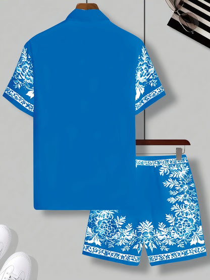 Herren Sommer Kurzarm Freizeit Set mit Blumenmuster – Zweiteiliges Hemd und Shorts, Perfekt für Urlaub & Strand