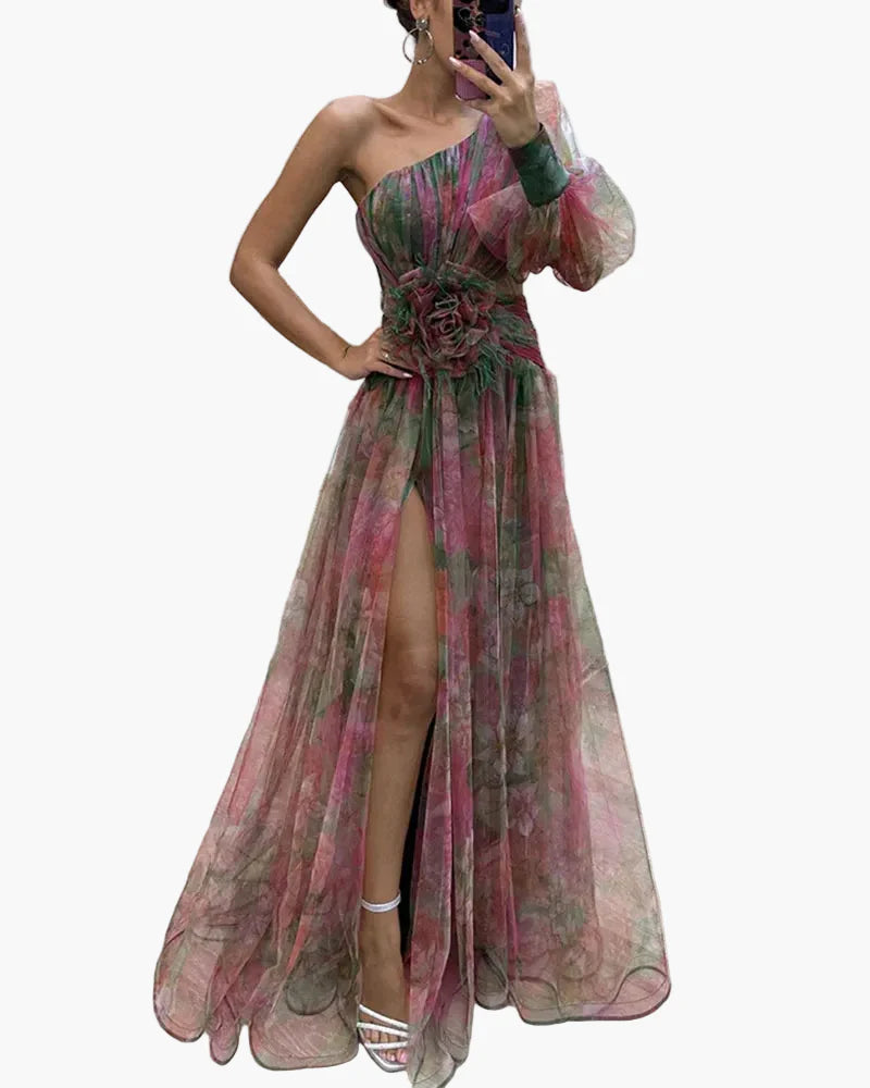 Damen Abendkleid mit One-Shoulder-Design und Blumenapplikation – Elegantes Maxikleid für besondere Anlässe