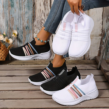 Damen Slip-On Sneakers Freizeit Bequeme Low-Top Schuhe mit Streifen-Design