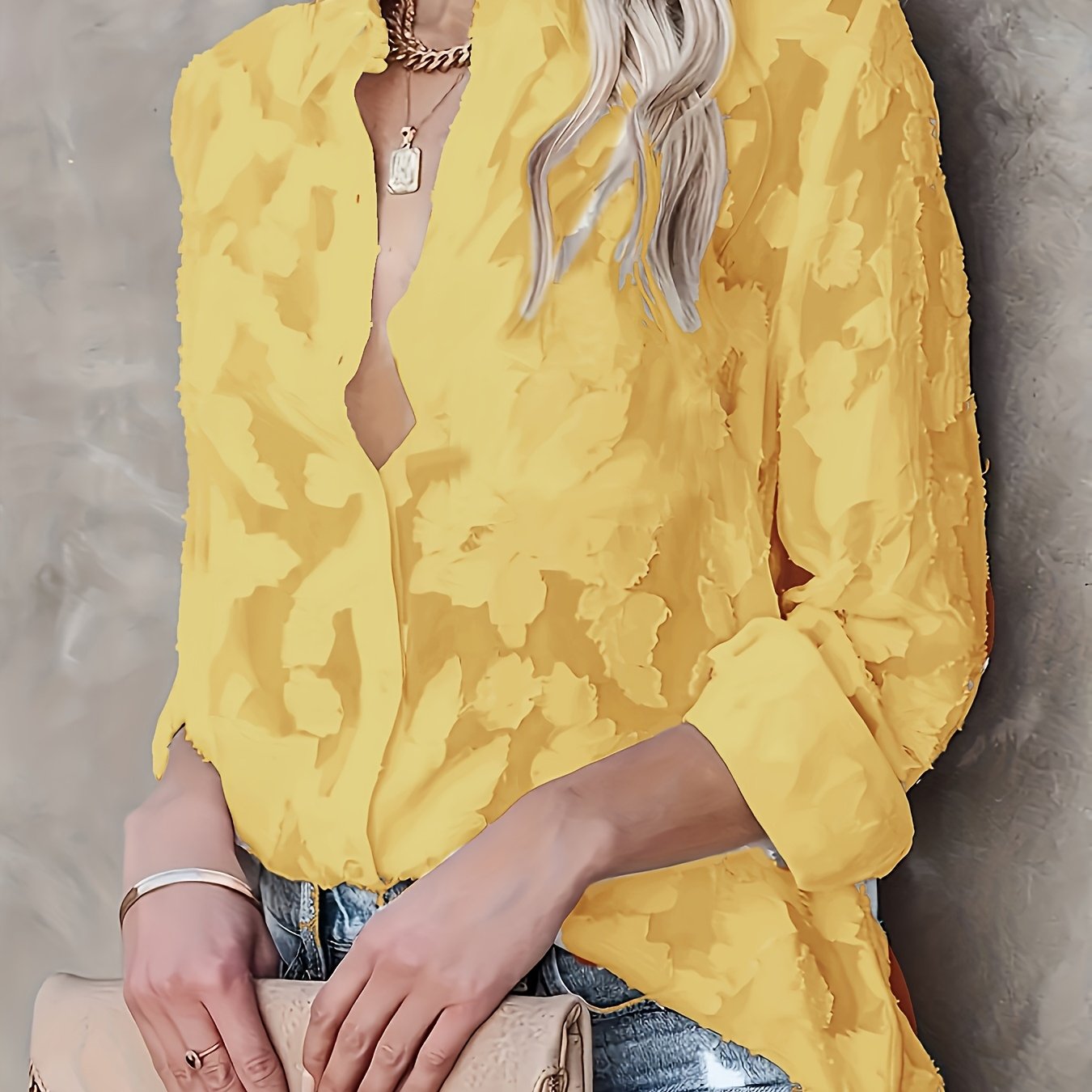 Damen Bluse mit 3D-Blumenmuster – Modische Freizeit- und Bürobluse im lässigen Stil
