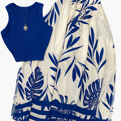 Damen Sommer-Outfit Set – Ärmelloses Top und Maxirock im tropischen Stil, ideal für Urlaub und Freizeit
