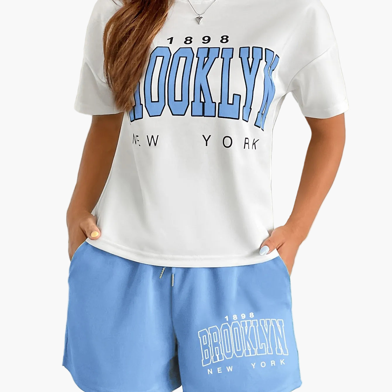 Damen Streetstyle Zweiteiler Set – Brooklyn New York Print T-Shirt und Shorts, Urban Freizeit Outfit