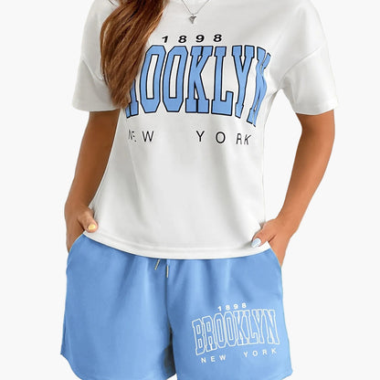 Damen Streetstyle Zweiteiler Set – Brooklyn New York Print T-Shirt und Shorts, Urban Freizeit Outfit