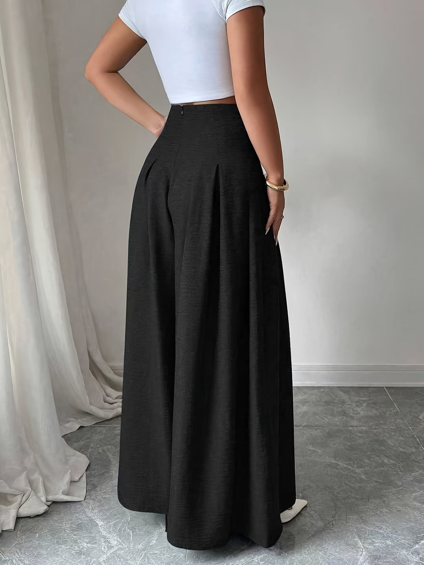 Damen Weite High-Waist-Hose mit Knopfdetails und Eleganten Falten – Modische Business & Freizeit Wide Leg Pants
