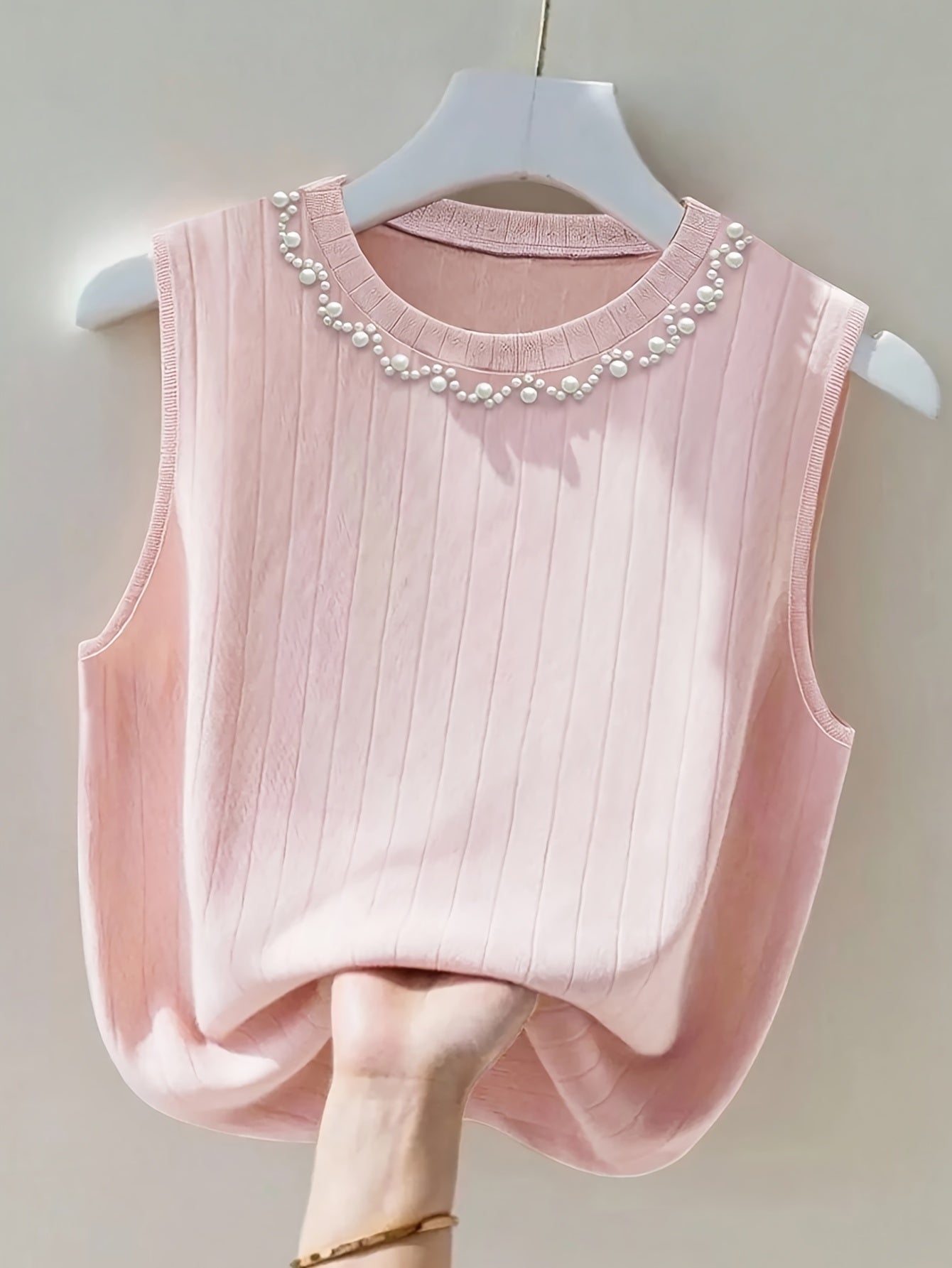 Damen Elegantes Stricktop mit Perlenbesatz, Ärmellos, Perfekt für Alltag und Büro