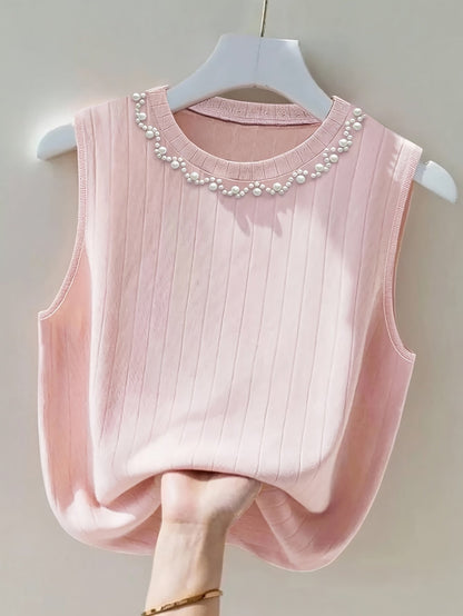 Damen Elegantes Stricktop mit Perlenbesatz, Ärmellos, Perfekt für Alltag und Büro