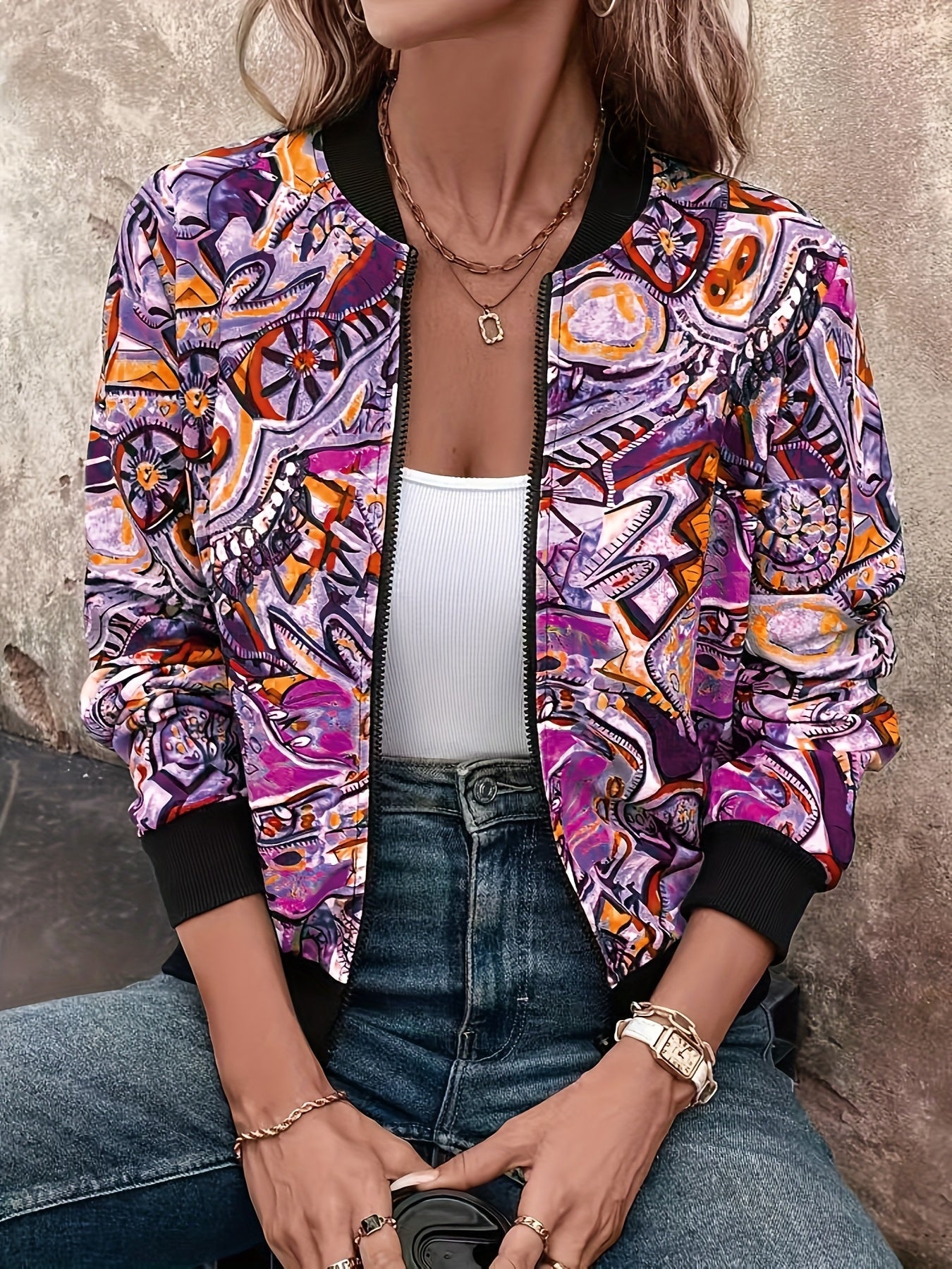 Damen Bomberjacke mit künstlerischem Print – Stilvolle Übergangsjacke für Freizeit & Alltag