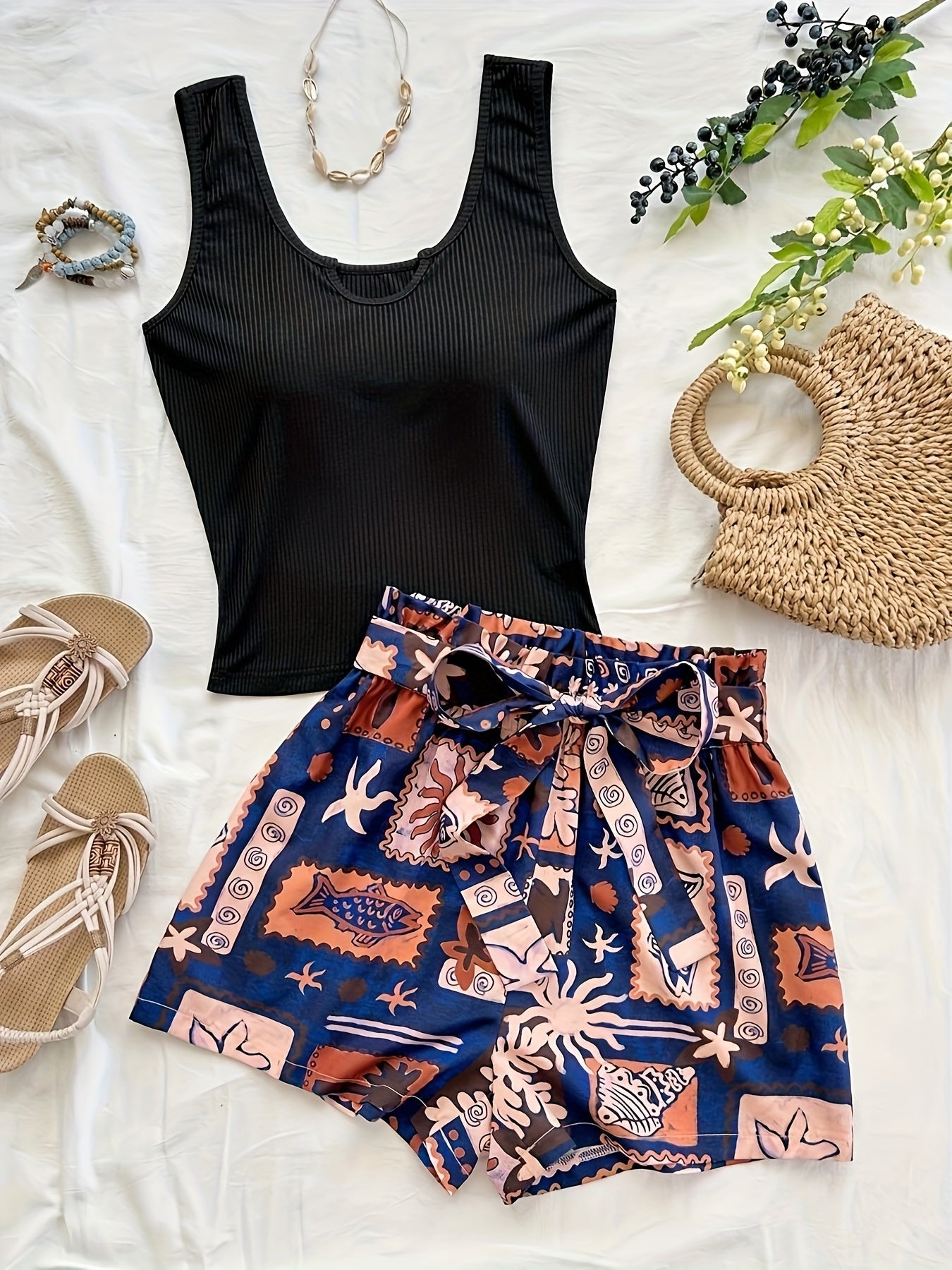 Damen Zweiteiler Set – Stylisches Top mit Tropenmuster Shorts für Urlaub und Freizeit