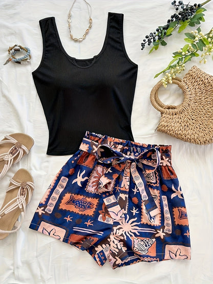 Damen Zweiteiler Set – Stylisches Top mit Tropenmuster Shorts für Urlaub und Freizeit
