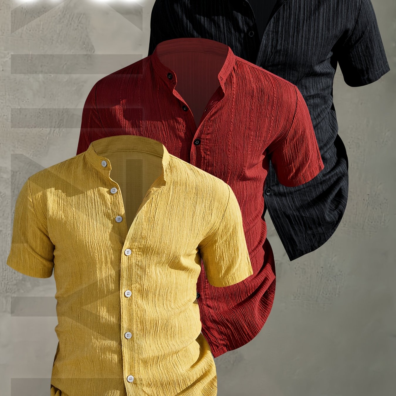 Herren 3er-Pack Freizeithemd mit Stehkragen, Kurzarm, Modernes Design, Knopfleiste