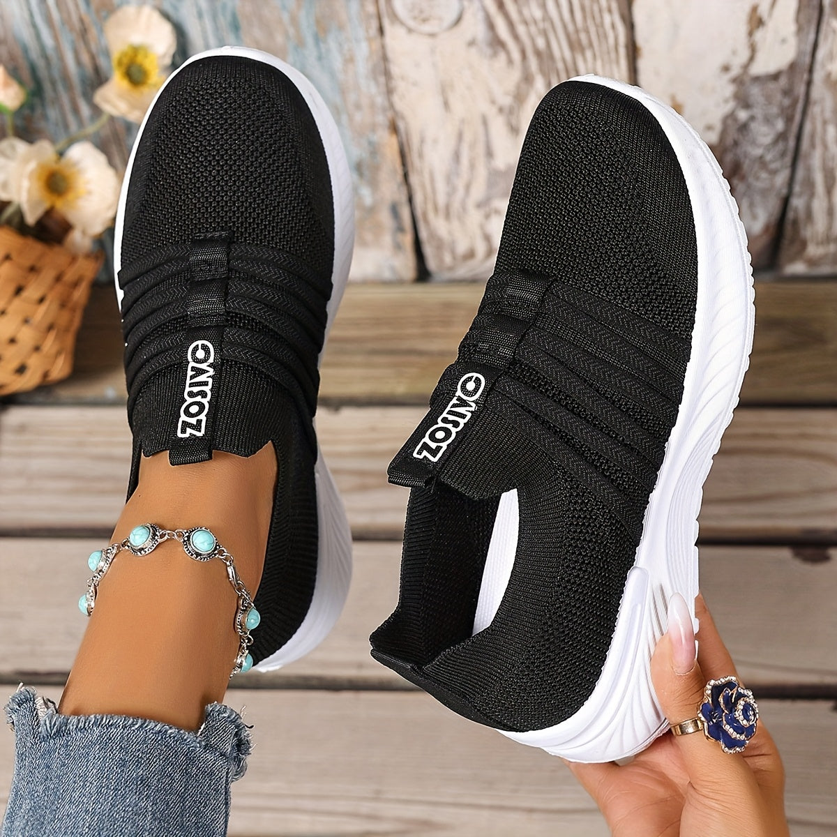 Damen Slip-On Sneakers Freizeit Bequeme Low-Top Schuhe mit Streifen-Design