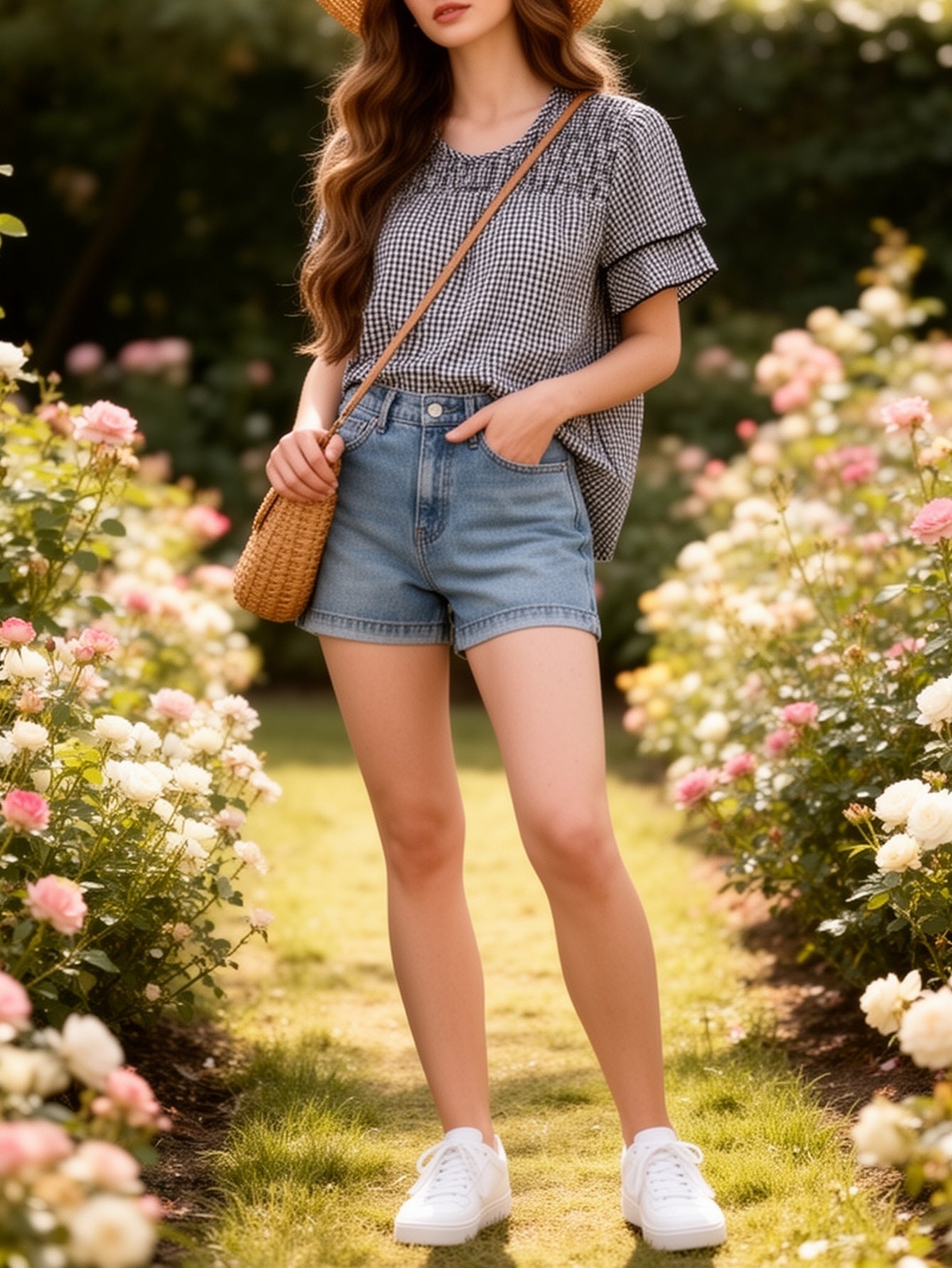Damen Sommer Casual Gingham Bluse mit Jeansshorts – Modischer Freizeit-Look für den Garten oder Alltag