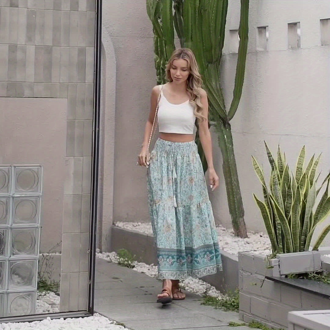 Damen Boho Maxirock mit Blumenmuster und Kordelzug – Sommer Freizeitrock für Strand und Alltag