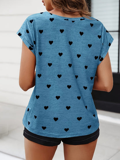 Damen Elegantes Herzmuster T-Shirt für Alltag und Freizeit