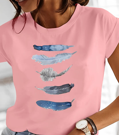 Damen T-Shirt mit künstlerischem Feder-Print – Lässiger Stil für Alltag & Freizeit