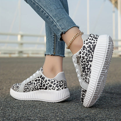 Damen Plateau-Sneaker mit Leopardenmuster und Reißverschluss – Modische Freizeitschuhe für Alltag und Ausgehen