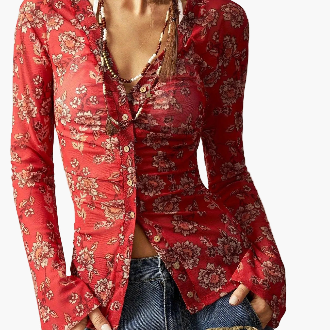 Damen Blusen-Top mit Blumenmuster und Knopfleiste – Modischer Freizeit-Look