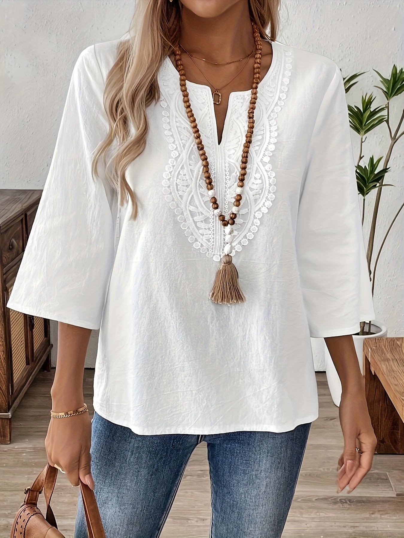 Damen Boho-Bluse mit Stickerei und 3/4-Ärmeln – Lässige Tunika für Alltag und Freizeit