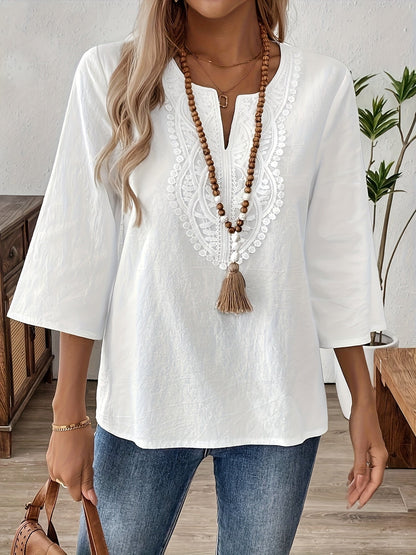Damen Boho-Bluse mit Stickerei und 3/4-Ärmeln – Lässige Tunika für Alltag und Freizeit