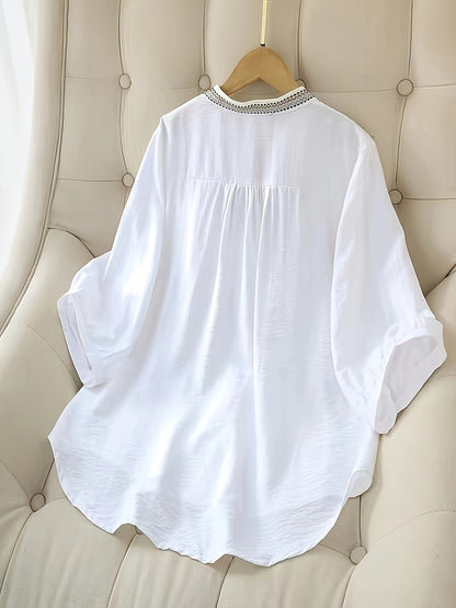 Damen Bluse Elegant Bestickt mit 3/4-Ärmeln für Freizeit und Büro