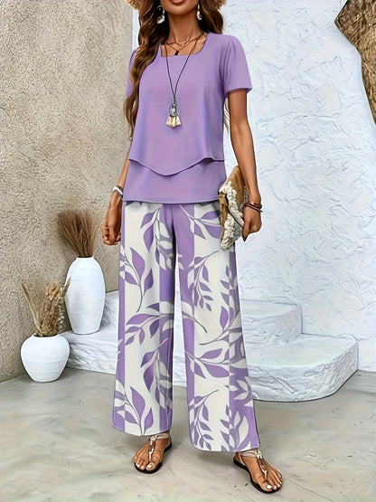 Damen Sommer Set Elegant Zweiteiler mit Weit Bein Hose und Kurzarm Shirt – Perfekt für Freizeit und Urlaub