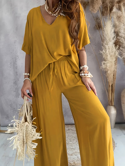 Damen Eleganter Einteiler Jumpsuit mit Weitem Bein und V-Ausschnitt – Modisch für Alltag und Freizeit