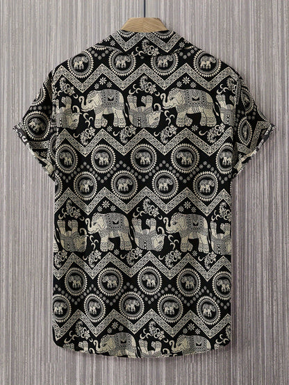 Herren Resort Hemd mit Elefanten- und Mandala-Muster, Kurzarm, Freizeit Stil