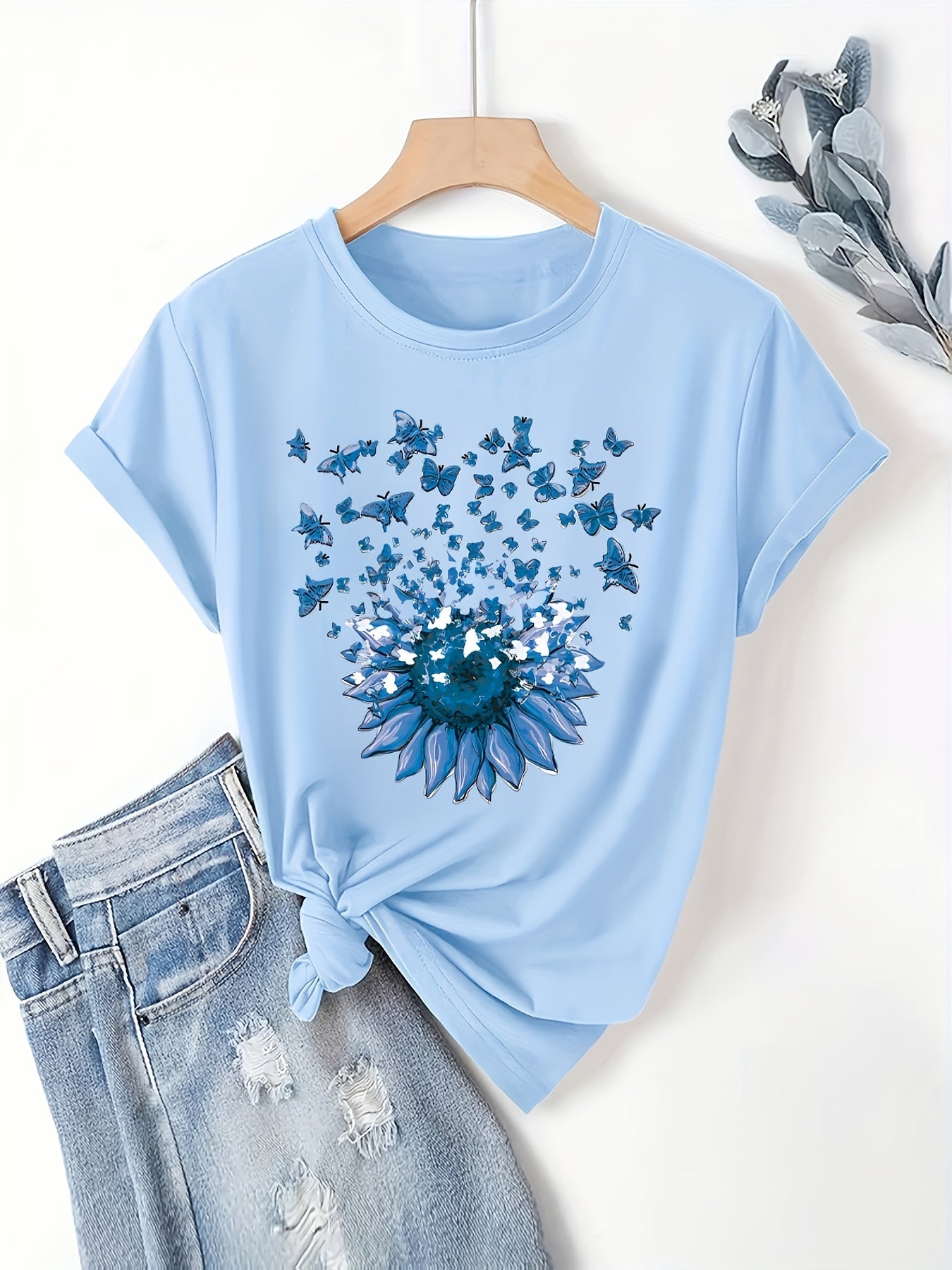 Damen T-Shirt mit Sonnenblume und Schmetterlings-Print – Sommerliches Casual Oberteil