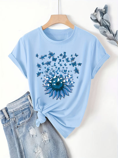 Damen T-Shirt mit Sonnenblume und Schmetterlings-Print – Sommerliches Casual Oberteil