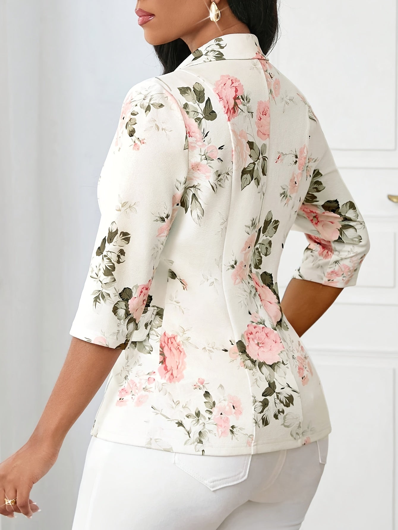 Damen Blazer Elegant Floral Business Freizeitjacke mit 3/4-Ärmeln