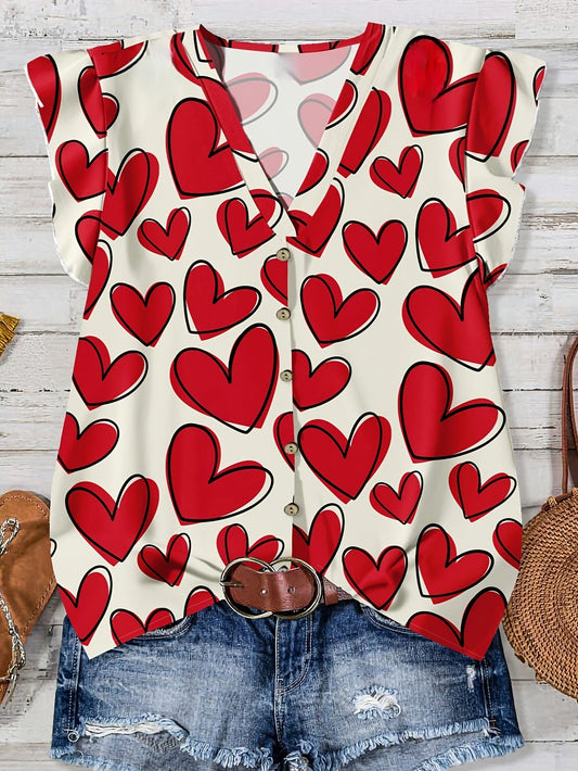 Damen Sommerbluse mit Herzmuster, Casual V-Ausschnitt, Knopfleiste, Ideal für Freizeit und Alltag