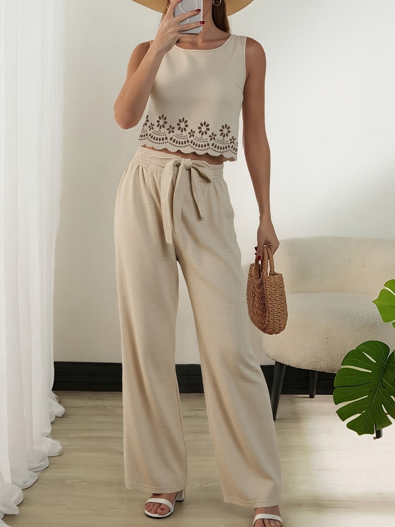 Damen Elegantes 2-teiliges Sommer-Set mit Crop Top und Weitbein-Hose – Modischer Freizeitanzug mit Stickerei