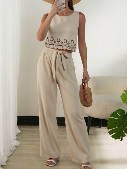 Damen Elegantes 2-teiliges Sommer-Set mit Crop Top und Weitbein-Hose – Modischer Freizeitanzug mit Stickerei