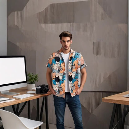 Herren Kurzarmhemd mit Katzenmotiv – Verspieltes Freizeithemd im Cartoon-Stil