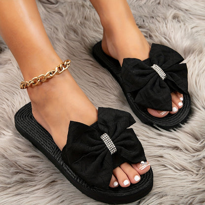 Damen Sandalen mit großer Schleife und Strass – Elegante Slides für Freizeit und Alltag