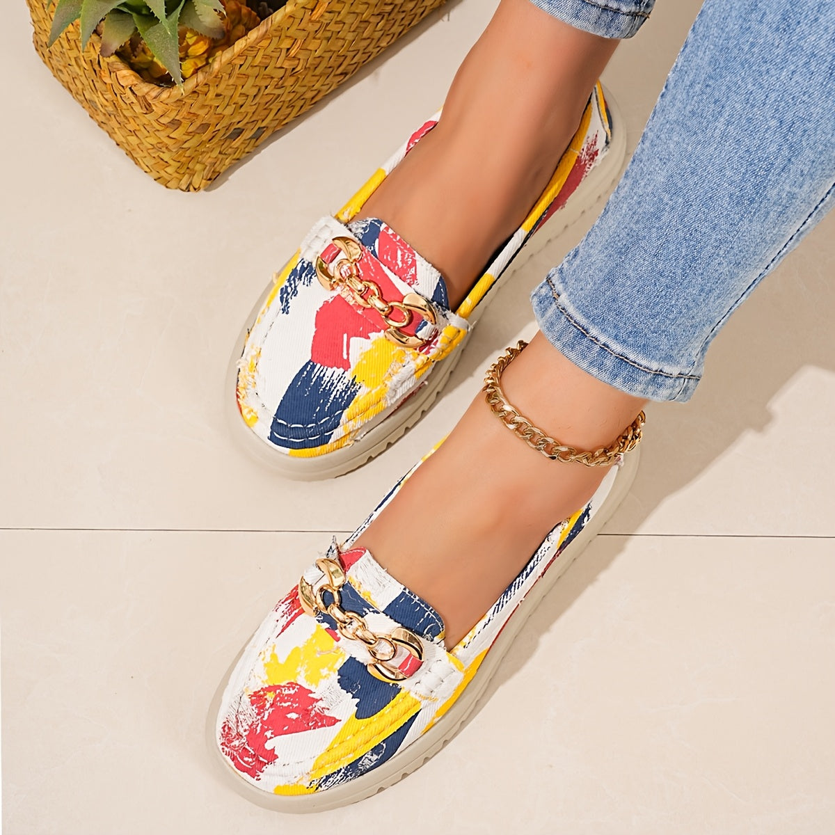 Damen Slip-On Loafer im modischen Fransen-Design mit goldener Kette – Bequeme Freizeitschuhe für den Alltag