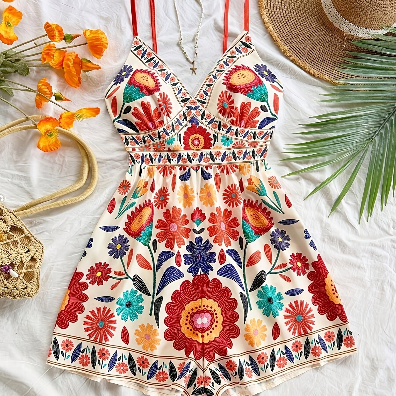 Damen Jumpsuit mit Blumenmuster und Spaghettiträgern – Verspielter Einteiler für Freizeit und Urlaub