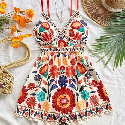 Damen Jumpsuit mit Blumenmuster und Spaghettiträgern – Verspielter Einteiler für Freizeit und Urlaub