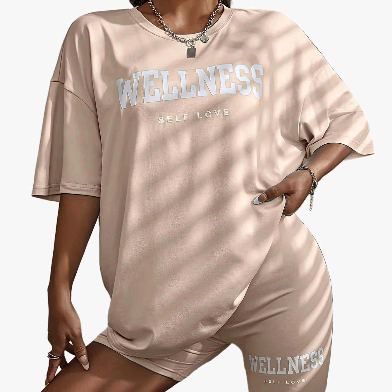 Damen Wellness Lounge Set Oversize T-Shirt & Radlerhose – Entspanntes Freizeit-Outfit mit Motivdruck