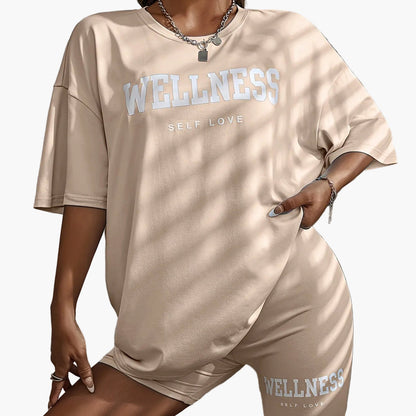 Damen Wellness Lounge Set Oversize T-Shirt & Radlerhose – Entspanntes Freizeit-Outfit mit Motivdruck