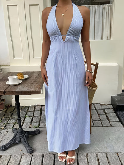 Damen Halterneck Maxikleid mit Streifen für Sommer und Urlaub