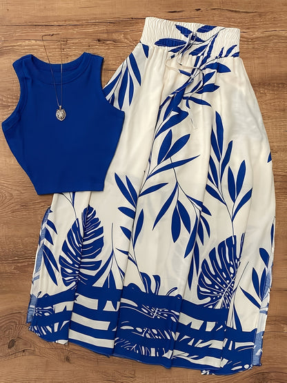 Damen Sommer-Outfit Set – Ärmelloses Top und Maxirock im tropischen Stil, ideal für Urlaub und Freizeit