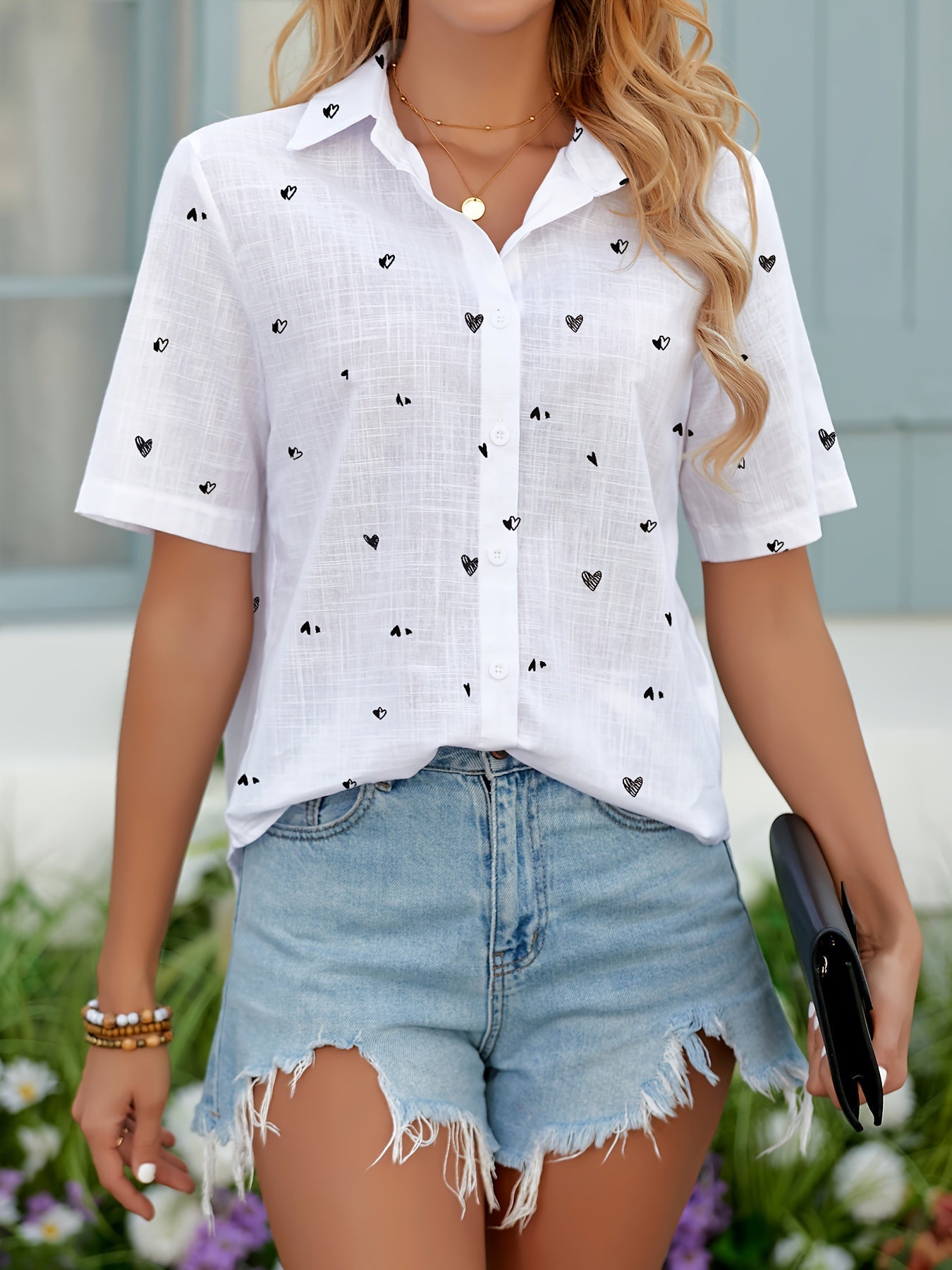 Damen Sommerbluse im Casual-Style mit Herzmuster – Perfekt für Alltag und Urlaub