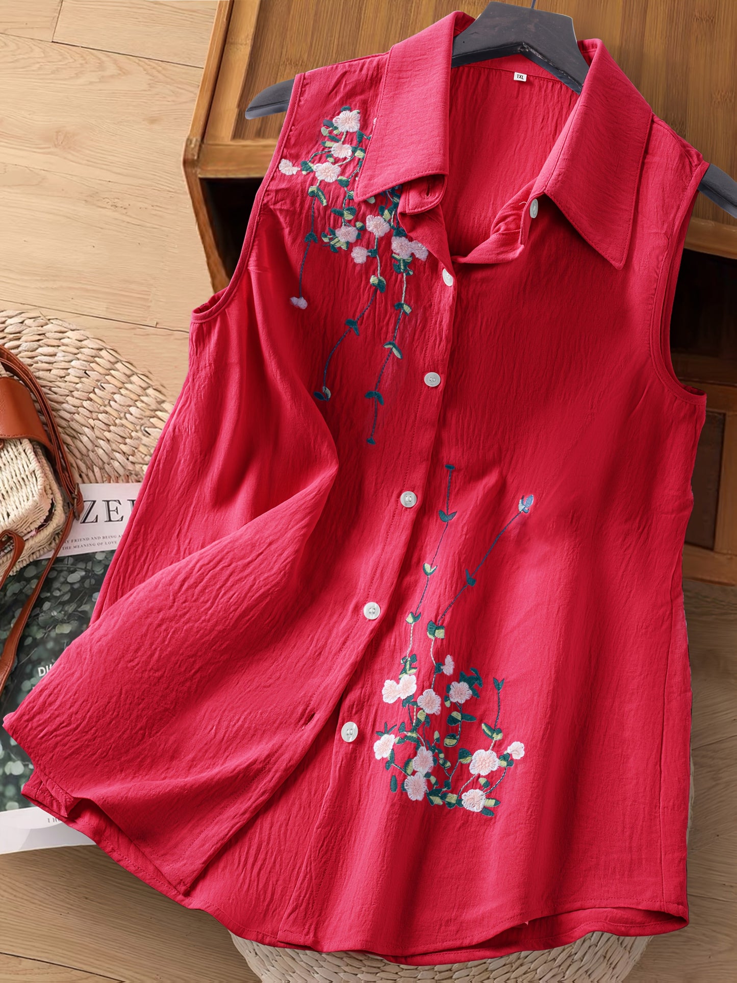 Damen ärmellose Bluse mit Blumenstickerei und Kragen – Elegant für Freizeit & Büro