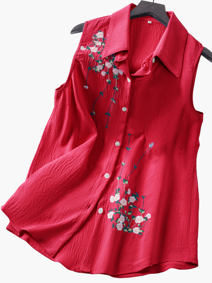 Damen ärmellose Bluse mit Blumenstickerei und Kragen – Elegant für Freizeit & Büro
